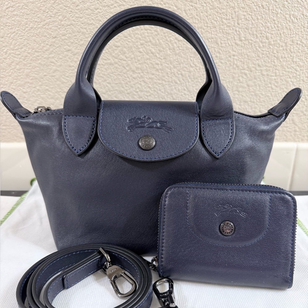 LONGCHAMP LE PLIAGE CUIR XS TOP HANDLE BAG NAVY EUC